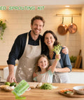 Family in kitchen using Sprouting Jar Kit For Homegrown Sprouts With Mason Jar Sprouter, Stainless Lids, Blackout Sleeves, Drain Tray.