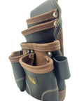 Heavy Duty Leather Nail Pouch With 5 Pockets, Oil Tanned Black Tool Belt Pouch For Carpenters showing side angle with pockets