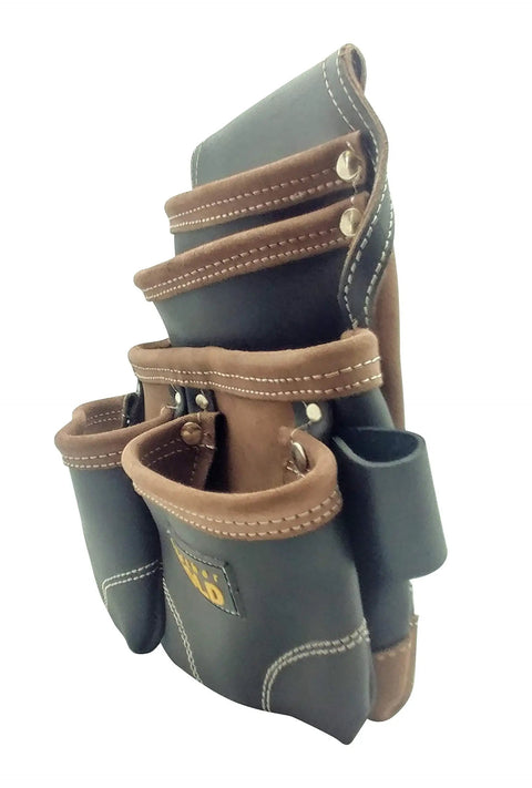 Heavy Duty Leather Nail Pouch With 5 Pockets, Oil Tanned Black Tool Belt Pouch For Carpenters showing side angle with pockets