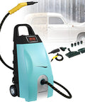 Heavy Duty High Temp Steam Cleaner For Home And Cars with rolling wheels, hose attachment, and accessory kit for multi-use.