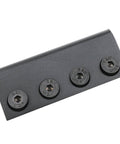 Flat Rail Connector Plate for Barn Door Track Adapter, showing four screws on a carbon steel, wear resistant, durable black finish