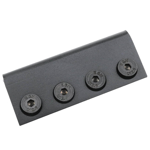 Flat Rail Connector Plate for Barn Door Track Adapter, showing four screws on a carbon steel, wear resistant, durable black finish