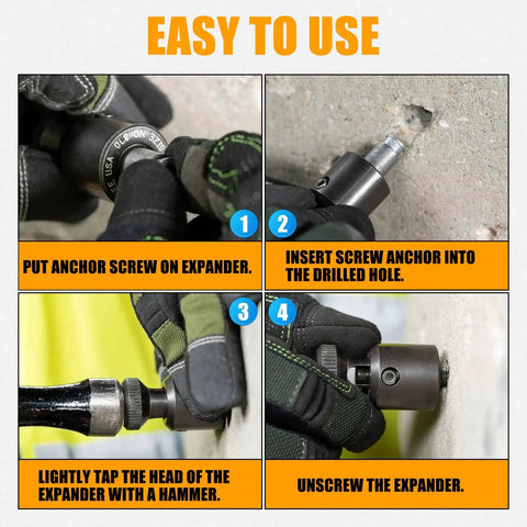 Step-by-step usage of Pro Grade Heavy Duty Alloy Steel Screw Anchor Expander For Hollow Walls 3/8-16 Caulk Anchors.