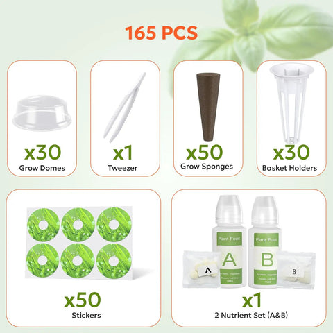 All In One Hydroponic Seed Pod Kit For Indoor Herb Garden, 165 Piece Grow Kit With 50 Sponges, 30 Baskets, 30 Germination Domes, 50 Plant Labels, 4 Nutrient A And B, 1 Tweezer And Free Stickers