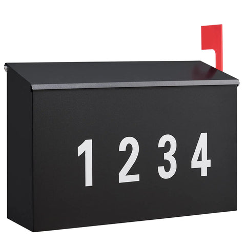 Outdoor Wall Mount Mailbox With Flag Kit And 0 To 9 Number Stickers, Galvanized Steel Rustproof Post Box For Exterior Use, Black