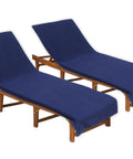 Two Pack Navy Blue Pool Lounge Chair Covers With Waffle Weave Cotton Terry Towels on wooden chaise lounges
