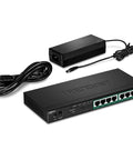 8 Port Gigabit PoE Plus Switch With 65W Power Budget, 16 Gbps Switching, front view displaying ports and power adapter, black