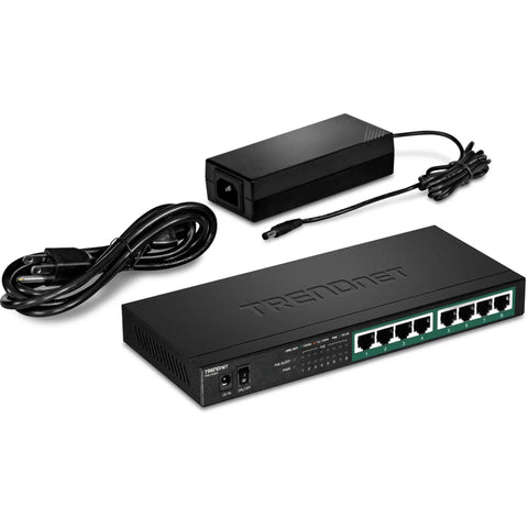 8 Port Gigabit PoE Plus Switch With 65W Power Budget, 16 Gbps Switching, front view displaying ports and power adapter, black