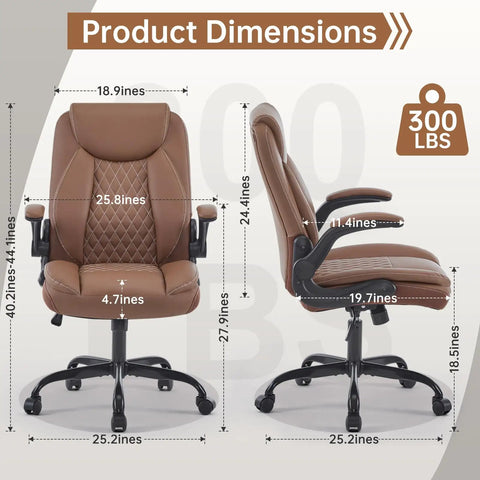 Leather Home Office Desk Chair With Ergonomic Back Support, Brown, Product Dimensions Displayed with Swivel Wheels and Armrests