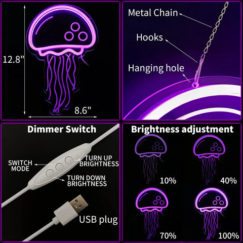Neon Sign For Wall Decor Jellyfish Style Purple LED Light USB Powered With Dimmer showing size, chains, and brightness levels