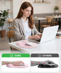 Woman using a light pink ergonomic gel wrist rest mouse pad for desk, non slip, contoured support, large 10.6 x 9 inch desk mat.