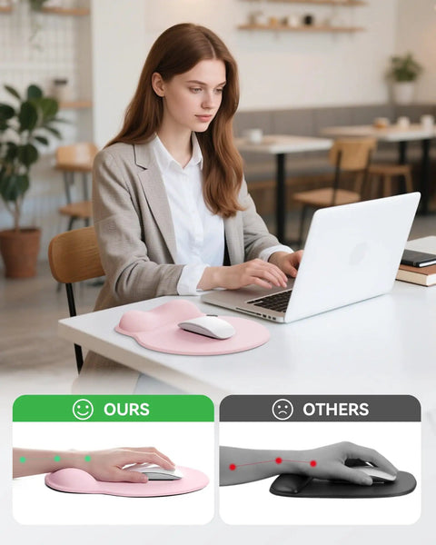 Woman using a light pink ergonomic gel wrist rest mouse pad for desk, non slip, contoured support, large 10.6 x 9 inch desk mat.