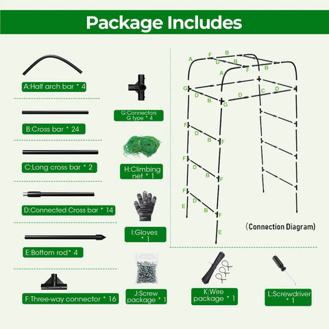 Illustration of components for Heavy Duty Garden Arch Trellis For Climbing Plants With Screw Fixation, Rustproof Steel Frame Stands 83 Inches Tall