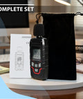 Pro Grade Digital Sound Level Meter With Backlit Display 30 To 130 dB Range 0.1 dB Resolution Plus Minus 1.5 dB Accuracy A Weighting 31.5 Hz To 8 kHz Response Fast Slow Max Min Hold Portable Noise Meter For Home Theater Office Studio on desk with pouch
