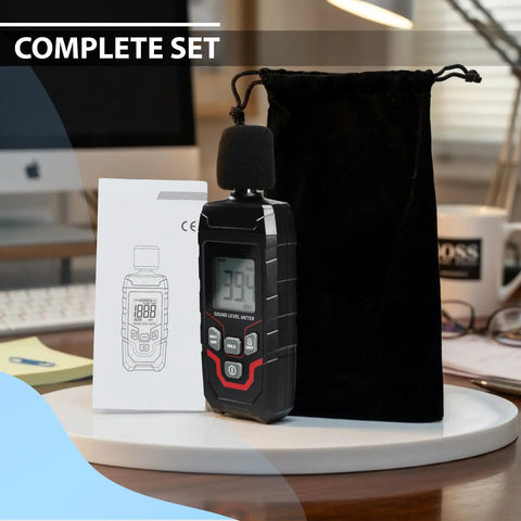 Pro Grade Digital Sound Level Meter With Backlit Display 30 To 130 dB Range 0.1 dB Resolution Plus Minus 1.5 dB Accuracy A Weighting 31.5 Hz To 8 kHz Response Fast Slow Max Min Hold Portable Noise Meter For Home Theater Office Studio on desk with pouch