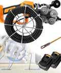 Gutsy FourWheel Electrician Wire Puller Featuring Sweet Infinite Speed Tweaks And Flexible Head Geometry For Dead Simple Pipe Cable Runs Comes Loaded With Dual Batteries showing cord pulling rig with a spool of wire.