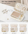 Beige Travel Jewelry Case For Women On The Go Double Layer PU Leather Jewelry Organizer With Ring Holders And 3 Detachable Dividers