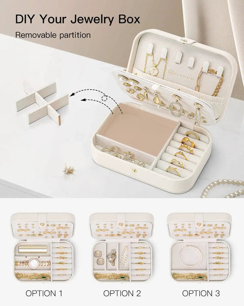 Beige Travel Jewelry Case For Women On The Go Double Layer PU Leather Jewelry Organizer With Ring Holders And 3 Detachable Dividers