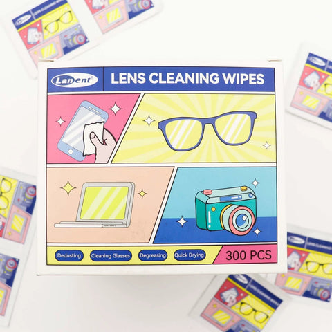 Lens cleaning wipes box, 300 pcs, Lanent, individually wrapped for glasses, phones, cameras