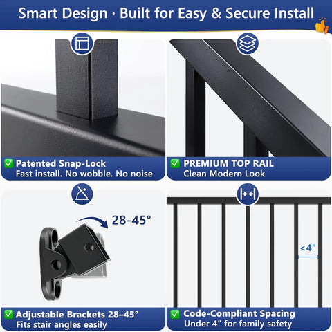Top Shelf Aluminum Stair Railing Kit For Outdoor Decks And Porches Thirty Six By Seventy Two Inch modular handrail set detailing snap-lock and adjustable brackets.