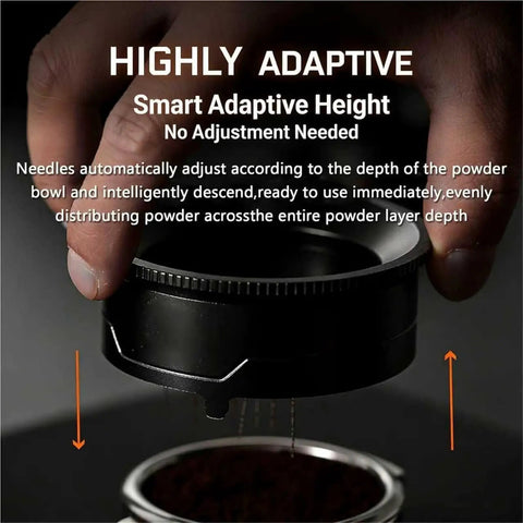 User holding 58 Mm Universal Distributor above ground coffee, demonstrating flexible adjustable needle for even prep.