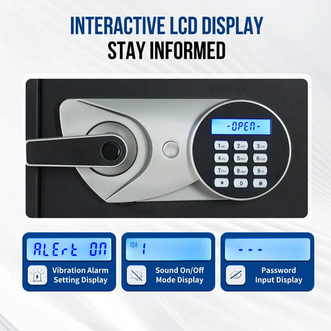Home Biometric Safe 1.0 Cub with Fingerprint Access, 10-Digit Keypad, LCD Screen displaying open status, close-up view