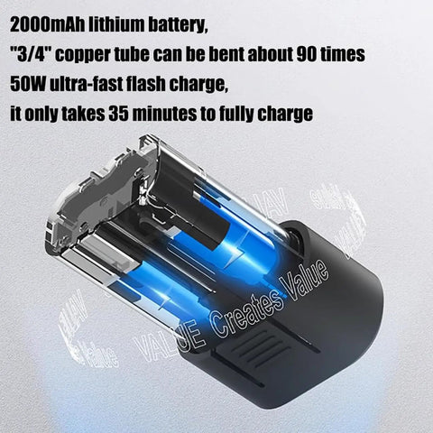 UILMLIO Electric Copper Pipe Bender Kit For HVAC And Refrigeration 1/4 To 7/8 Inch showing 2000mAh lithium battery with blue light.