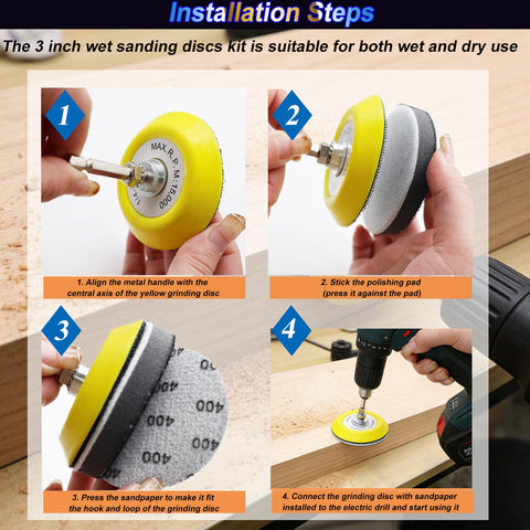 Installation steps for All In One 160 Pieces 3 Inch Sanding Discs Polishing Kit showing sandpaper, pad, drill attachment
