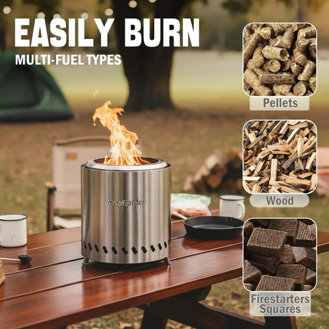 Tabletop Fire Pit Portable Smokeless Camping Stove 9.5 X 8.6 Inch Stainless Steel Fire Pit with flames on outdoor table