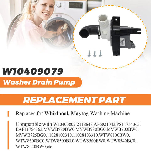 Washer Drain Pump Replacement Fits Whirlpool Maytag Kenmore Washers Replaces W10403802 WPW10409079 AP6021043 PS11754363 EAP11754363 2118648 120V 0.95A 60Hz Durable Easy Install Plug And Play, W10409079 pump with 3 screws