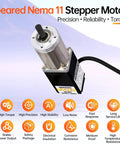 Image of the 100 To 1 Beefy Geared Nema 11 Stepper Motor with Integrated Planetary Gearbox showing features icons like high torque and stability.