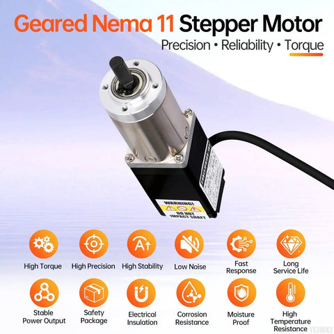 Image of the 100 To 1 Beefy Geared Nema 11 Stepper Motor with Integrated Planetary Gearbox showing features icons like high torque and stability.