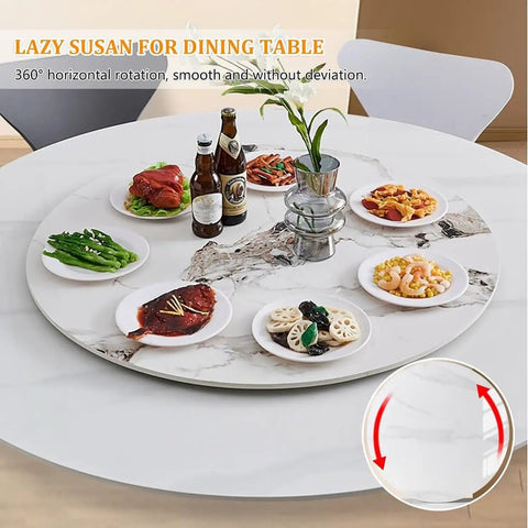 Hella Durable 40 Inch Lazy Susan Rotating Serving Tray Cut From Thick Sintered Stone With A Smooth As Butter 360 Swivel Design That Is Truly A Kitchen Game Changer For Big Family Gatherings In Clean Black set with food and drinks on a dining table.