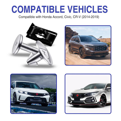 14 Piece Engine Splash Shield Hardware Kit Featuring Heavy Duty Bolts And Secure Mounting Clips For Skid Plate And Oil Pan Cover Swap Crafted From Tough Corrosion Resistant Metal To Keep Road Junk Out While Delivering Dependable Underbody Armor That Runs displayed with compatible vehicles like Honda Accord, Civic, and CR-V.