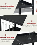 Close-up of Grill Cart Table That Rolls On Wheels For Indoor And Outdoor Use With 4 Lockable Casters, showing tool hooks and drip tray.