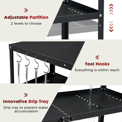 Close-up of Grill Cart Table That Rolls On Wheels For Indoor And Outdoor Use With 4 Lockable Casters, showing tool hooks and drip tray.