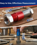 58 Piece Thread Checker Set With 32 Standard And 26 Metric Bolt Size Finders, showing close-up of red and blue gauge tools in use