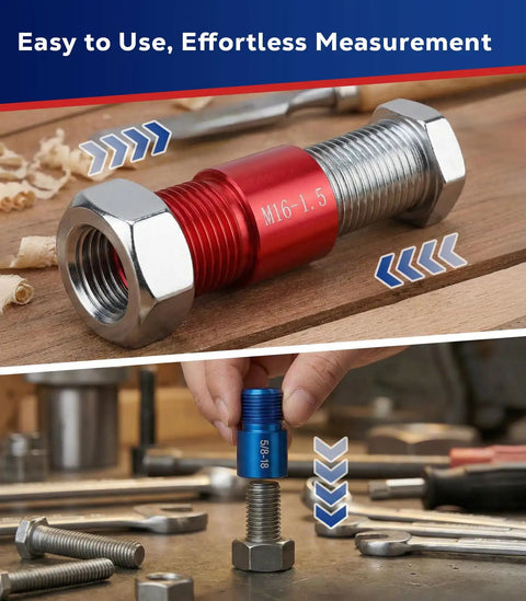 58 Piece Thread Checker Set With 32 Standard And 26 Metric Bolt Size Finders, showing close-up of red and blue gauge tools in use