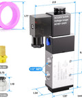 Two Position Five Way Solenoid Valve with Junction Box, 1/2 inch NPT ports, AC220V, diagram showing dimensions and components