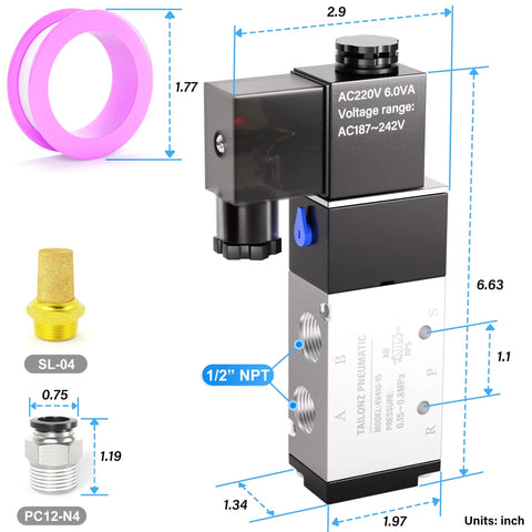Two Position Five Way Solenoid Valve with Junction Box, 1/2 inch NPT ports, AC220V, diagram showing dimensions and components