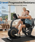Recumbent Exercise Bike For Home Gym With Magnetic Resistance, 32 Levels, man using bike in living room with family in background