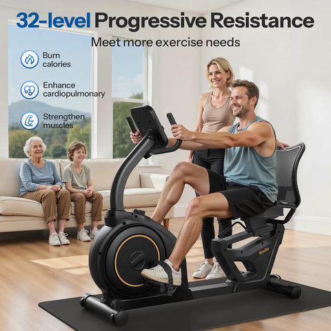 Recumbent Exercise Bike For Home Gym With Magnetic Resistance, 32 Levels, man using bike in living room with family in background
