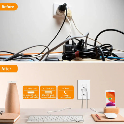 Kickin Fast Charge 65W GaN USB C Wall Outlet Two Pack 15 Amp Tamper Resistant Receptacle PD3.0 setup before and after clutter reduction