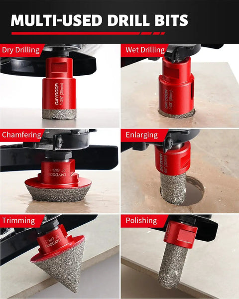 Collage of multi-use drill bits from Killer 13 Piece Tile Hole Saw Kit With Vacuum Brazed Diamond Bits For Porcelain, Tile, and Stone.