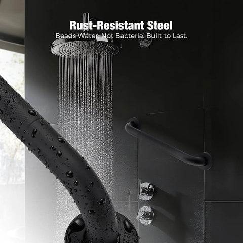 Straight Up Heavy Duty 16 Inch Shower Grab Bars Matte Black Stainless Steel Safety Handles For Bathroom Wet Room Rock Solid Support Two Pack No Sweat Setup with water beads.