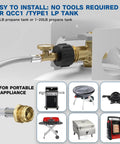 12Ft Stainless Braided Propane Hose With Gauge Connector 1lb To 20lb Tank Converter connected to portable grills and heaters