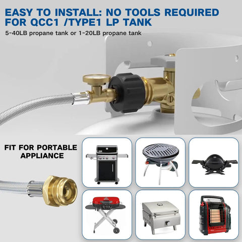 12Ft Stainless Braided Propane Hose With Gauge Connector 1lb To 20lb Tank Converter connected to portable grills and heaters