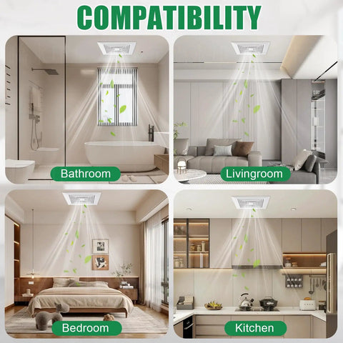 Compatibility image showing Spring Loaded Bathroom Exhaust Fan Cover For 9x9 Inch Grille Replacement in bathroom, living room, bedroom, and kitchen
