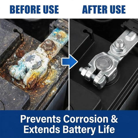 Before and after showing Heavy Duty Car Battery Terminal Connectors With Anti Corrosion Washers Galvanized Iron.