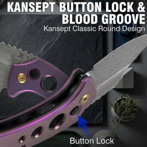 Wasp Pocket Folding Knife With 2.36 Inch Modified Wharncliffe Blade, Purple Anodized Titanium Handle With Holes, Button Lock